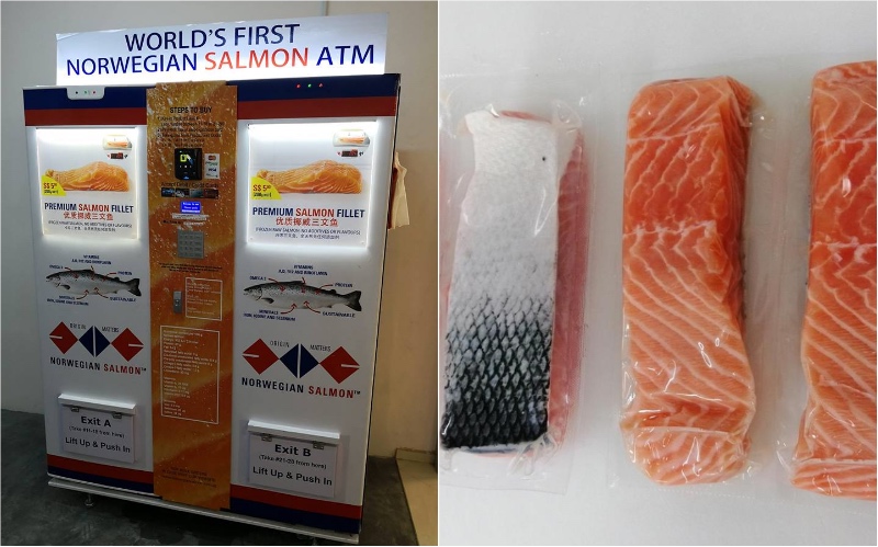 在新加坡第一臺售賣冷凍挪威鮭魚片自動售貨機